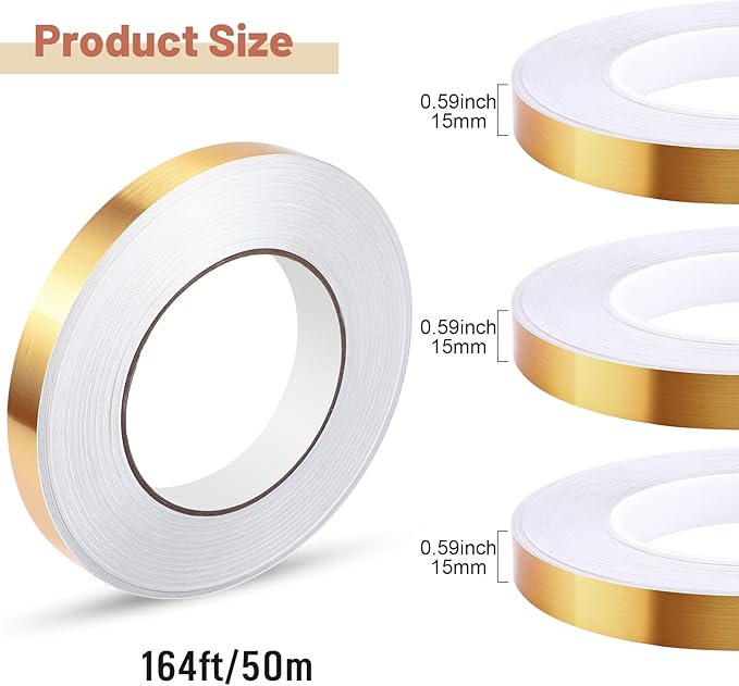 Zonon 3 Rolls 0.2" 0.4" 0.6" Gold Washi Tape 54.7 Yard Solid Foil Self Adhesive Polyester Film Metallic Tape for Detailing Graphic Arts for Crafts Walls Cars and Boats Trim(0.6'')