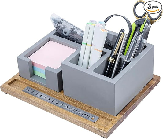 MyGift Modern Concrete Office Desktop Stationery Holder Set with Sticky Note Storage & Acacia Wood Tray – 3-Piece Desk Organizer