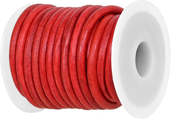 GENIQUE Real/Genuine Round Leather String Cord for Necklace, Bracelets, Jewellery, Braiding (Red Distressed, 4mm)