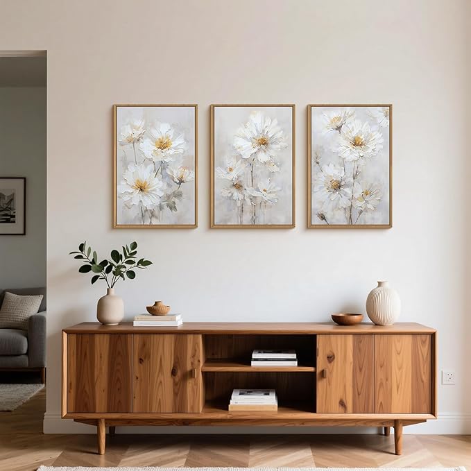 Watercolor White Daisy Flower Framed Canvas Wall Art Set,Natural Beige Botanical Floral Wall Decor,Minimalist Modern Dreamy Wildflower Art Prints for Living Room, Bedroom,Farmhouse- 24"x36"x3