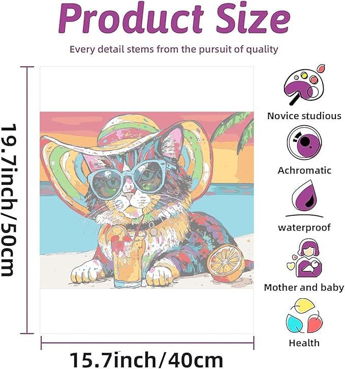 Paint by Numbers Kit for Adults Beginners,Abstract Beach Vacation Cat Frameless Beginner DIY Acrylic Watercolor Oil Painting,Animal Digital Painting for Home Wall Decoration and Gifts (16x20 inches)