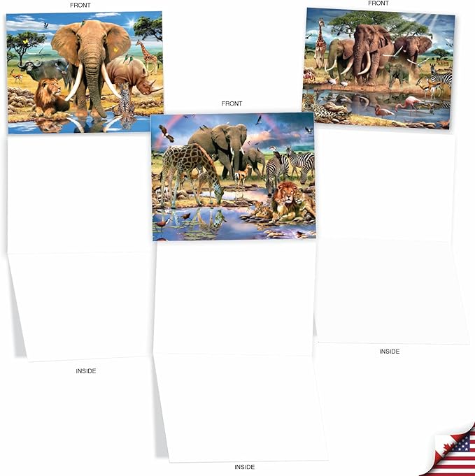 The Best Card Company - 10 Blank Animal Cards Boxed (4 x 5.12 Inch) - Assorted Pets, Zoo, Wildlife Cards for Kids - Savanna Selfies M6640OCB