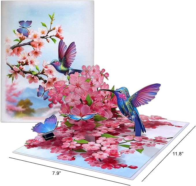 Hummingbird Cherry Blossom Greeting Cards Pop Up 3D Gift for Happy Birthday, Anniversary, Thank you, Blank Notecard, All Occasions Mom Wife Grandma Grand Men Women