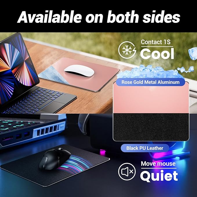 HONKID Metal Aluminum Mouse Pad Pink, Office and Gaming Thin Hard Mouse Mat Double Sided Waterproof Fast and Accurate Control Mousepad for Laptop, Computer and PC,9.06"x7.08",Rose Gold