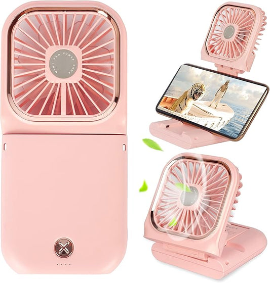 Portable Mini Fan Small Battery Operated Fan 5 in 1 as Power Bank,Phone Holder,Handheld Fan,Desk Fan, USB Rechargeable Personal Hand Fans,3000 mAh Power Bank,3 Speed Adjustable, Neck lanyard, Pink