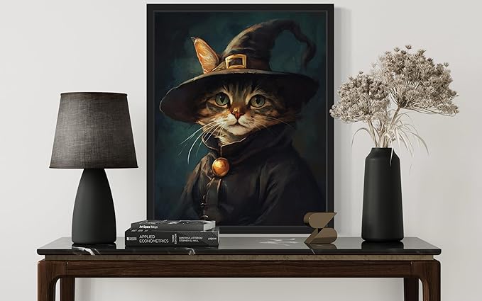Witch Cat Art Poster Print, Cat Kitten Painting Humor Portrait Pet Artwork Decor Gallery A8 (Witch Cat, 8 x 10 inches, Black Frame)