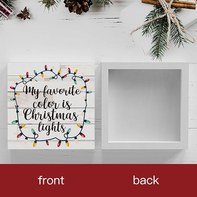 Rustic My Favorite Color is Christmas Lights Wood Box Sign, Farmhouse Christmas Santa Artwork Decor, Wood Square Sign Desk Block Signs Home Shelf Office Decoration 5 x 5 Inches
