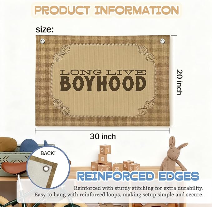 Vintage Long Live Boyhood Banner Boy Room Decor, Retro Banner Nursery Playroom Wall Decor for Bedroom Living Room Dorm,Toddler Decorations,Kids Room Decor for Boys 30X20 Inch