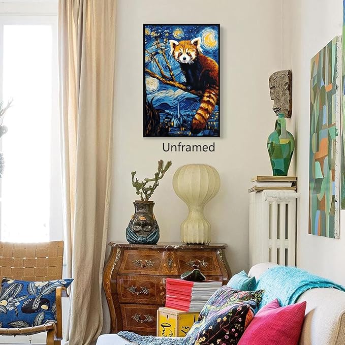 Red Panda Canvas Wall Art, Creative Starry Night Oil Painting Reproduction, Funny Panda Picture Classic Blue Aesthetic Poster, Famous Artist Artwork Print Animal Lover Gift 24x36in Unframed
