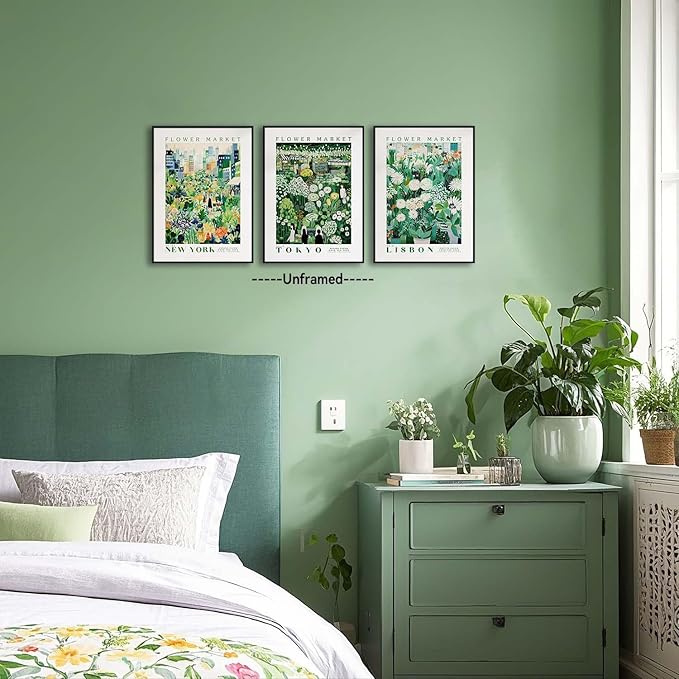 XLARTMY Flower Market Wall Art Prints Canvas Green Yellow White Floral Paintings Colorful Botanical Travel Flower Posters for Home Decor Pictures Set of 3 for Living Room Bedroom 12x16in Unframed