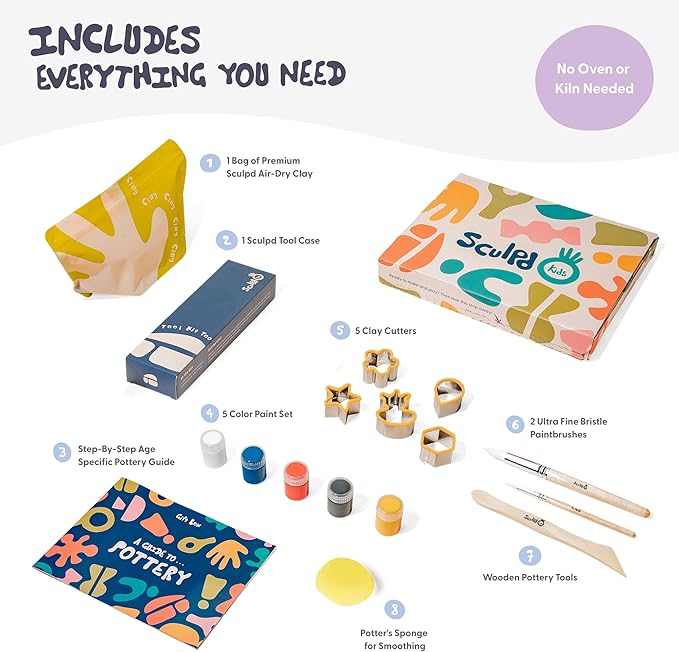 Sculpd - The Original Kids Pottery Kit, Air-Dry Clay Starter Kit for Kids Age 4 to 6, Air Dry Clay with 5 Colour Paint Set, Paintbrushes, Pottery Tools, Sponge and Step-by-Step Guide