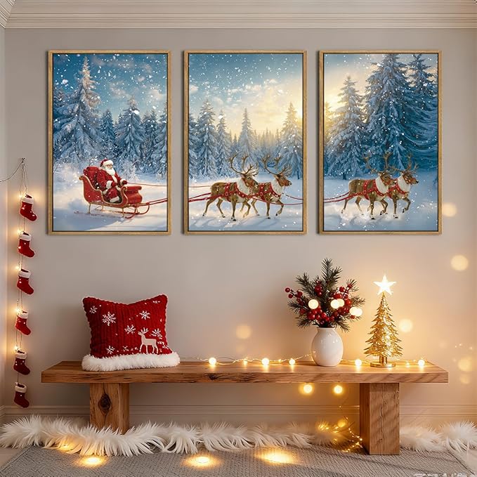 Framed Christmas Wall Art Santa Claus Wall Art Santa Winter Artwork for Living Room Bedroom Dining Room 24x36 Inches Set of 3