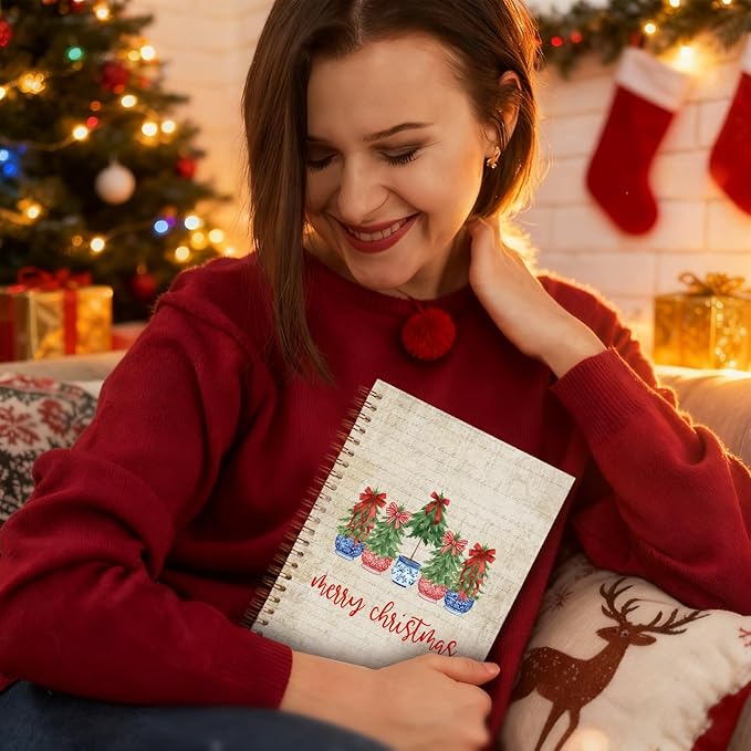 Exqcom Red and Blue Chinoiserie Christmas Tree Spiral Notebook Gifts, Grandmillennial Christmas Retro Journal for Women, Preppy Red Bow Hardcover Notebook Journal Office School Supplies, 5.5x8.3 Inch