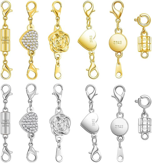 Magnetic Jewelry Clasps Set, Gold and Silver, 12 Pack Rose and Heart Design, Necklace Bracelet Closures with Rhinestone Accents (12PCS Golden Silvery)