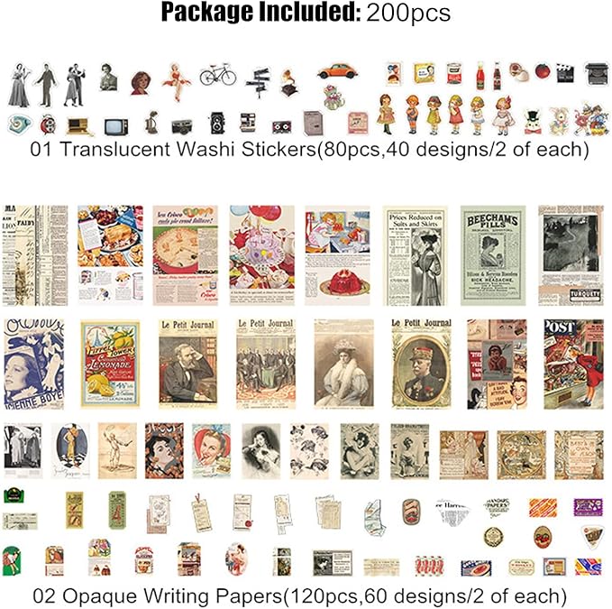 200PCS Vintage Scrapbooking Supplies Kit for Journaling,Bullet Journals Junk Journal Planners Aesthetic Cottagecore Room Decor Wall Art Collage Album (Retro Memory)