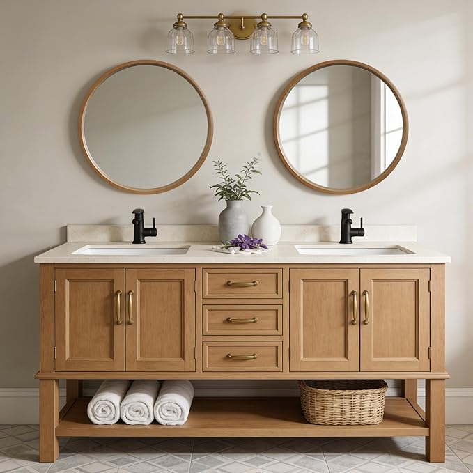 WallBeyond 28 Inch Natural Round Wood Mirror, Large Circle Wooden Frame Wall Mirror for Bathroom, Living Room, Bedroom, Entryway