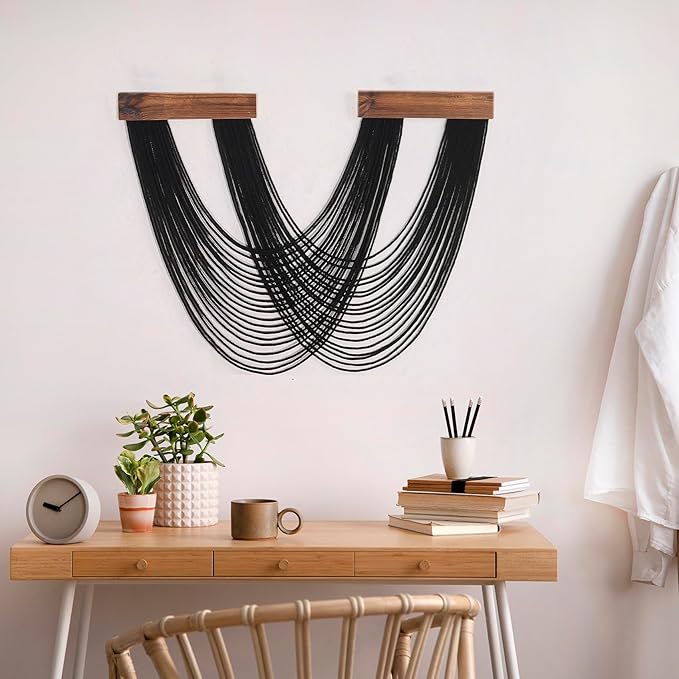LB Black Macrame Wall Hanging, Boho Tapestry Wall Hanging Macrame Wall Art Handmade Yarn Woven Wall Art Modern Home Decor Headboard Wall Decor for Bedroom Living Room Dorm Nursery, 12x25 Inch