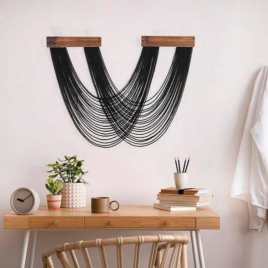 LB Black Macrame Wall Hanging, Boho Tapestry Wall Hanging Macrame Wall Art Handmade Yarn Woven Wall Art Modern Home Decor Headboard Wall Decor for Bedroom Living Room Dorm Nursery, 12x25 Inch
