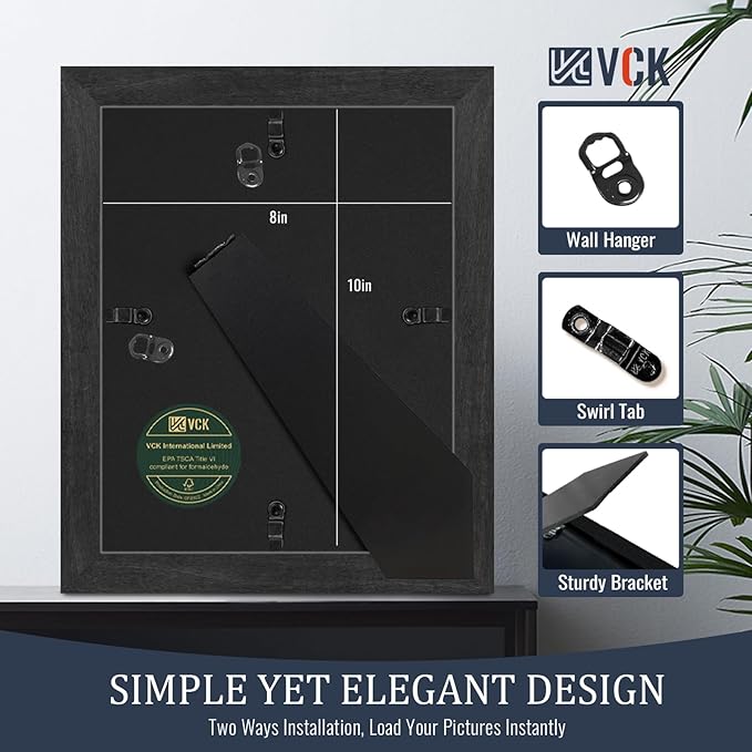 VCK 8x10 Picture Frames Black Set of 5, Wide Border Wood, Tempered Glass, Display 5x7 Photo with Mat or 8 x 10 without, for Home, Office, Gallery, Woodgrain Series, Tabletop & Wall Hanging