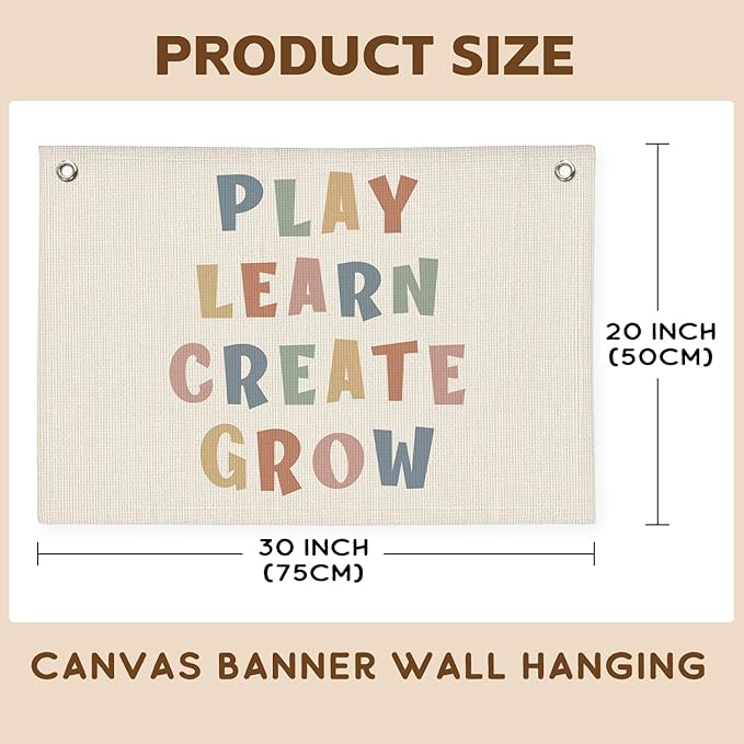 Playroom Wall Decor, Play Learn Create Grow Boho Canvas Banner Wall Hanging Flag Decor for Nursery Classroom Kids Room