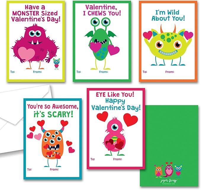Paper Frenzy Friendly Monster Themed Valentines - 25 pack WITH ENVELOPES