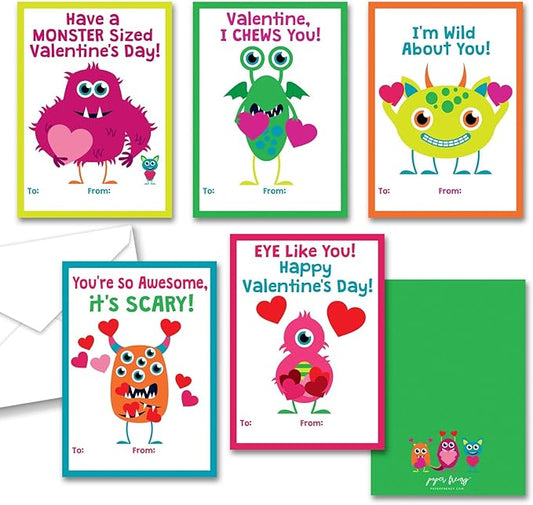 Paper Frenzy Friendly Monster Themed Valentines - 25 pack WITH ENVELOPES