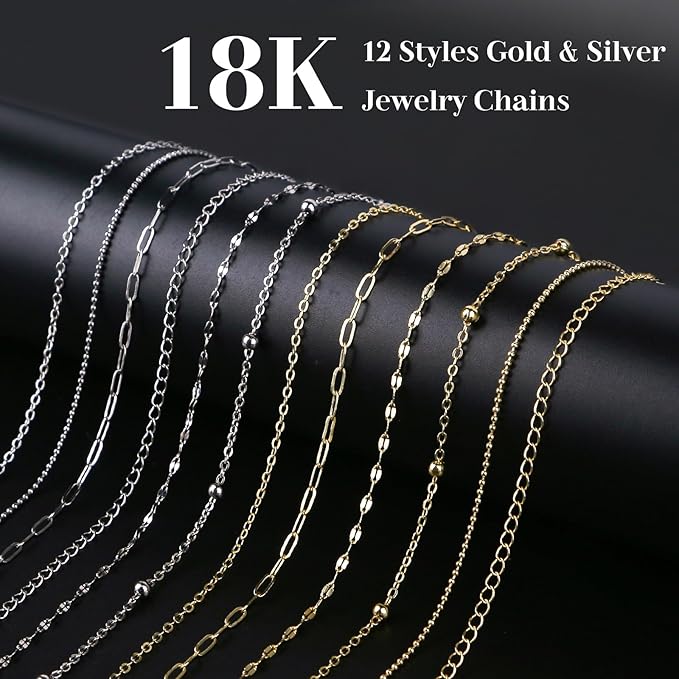 Wisreach 18K Gold & Silver Necklace Chain for Jewelry Making, 60 Feet 12 Rolls DIY Jewelry Chains, with Jump Rings, Clasps, Connectors, 52 Letter Pendants, 50 Mixed Color Pendants & Pliers