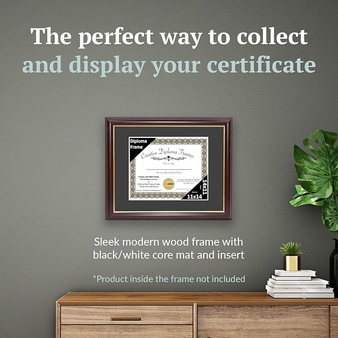 Creative Picture Frames 11x14 Mahogany Gold Rim Diploma Frame with Black Mat Glass and Installed Wall Hangers | Frame Holds 16x20 Media without Mat