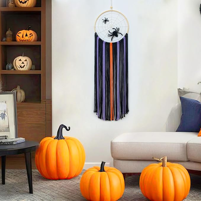 LB Halloween Black Macrame Wall Hanging, Spooky Halloween Wall Art Boho Dream Catcher Orange and Purple Handmade Spider Web Woven Tapestry for Bedroom Living Room Nursery Office Backdrop, 10x32 Inch