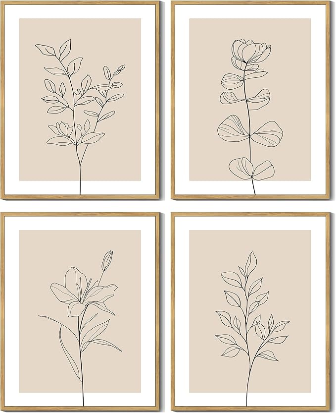 Drsoum Botanical Boho Framed Wall Art Wooded Minimalist Aesthetic Flower Prints Farmhouse Retro Plants Rustic Bathroom Kitchen Home Decor Ready to Hang 8x10inx4pcs (Natural Framed)