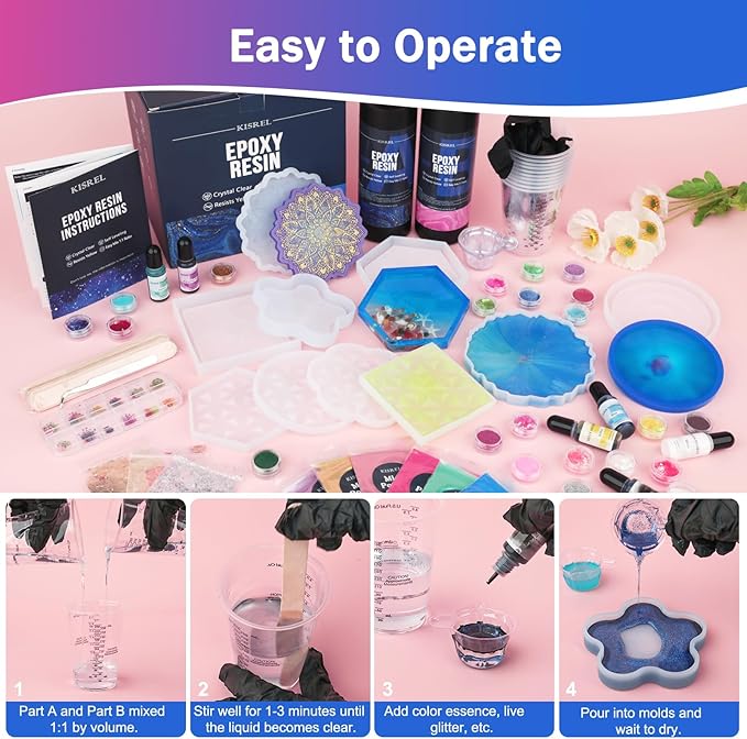 KISREL Epoxy Resin Kit for Beginners, 32oz Resin Kit with Coaster Molds, Complete Accessories Include Pigment, Mica Powders, Dried Flowers, Glitter, Measuring Cups and Other Resina Supplie