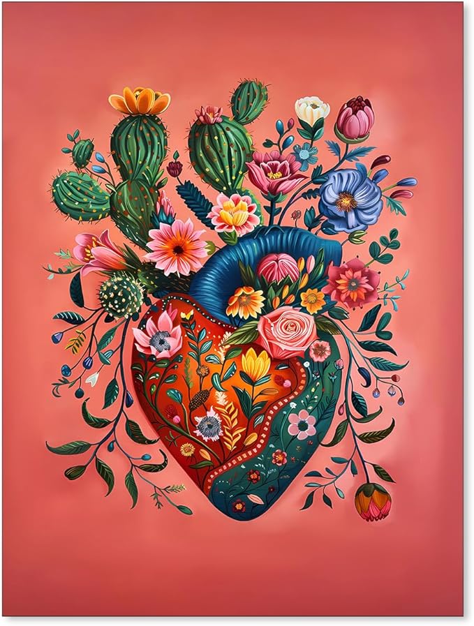 Mexico Blooming Heart Canvas Poster Colorful Vintage Botanical Wall Art Funky Trippy Pink Prints for Bed Living Room Apartment Wall Decor 08x10 inch Unframed