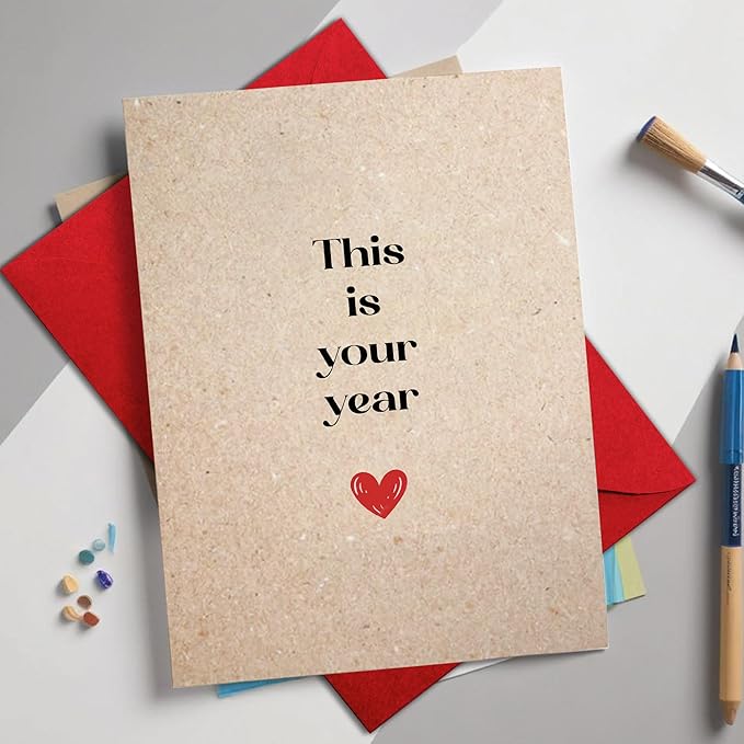 (5.3x8in) This Is Your Year Card, Minimalist Kraft Paper Motivational Greeting with Red Heart, Positive Encouragement Card for New Year, Promotion or Life Change with Envelope (Xmas 44)
