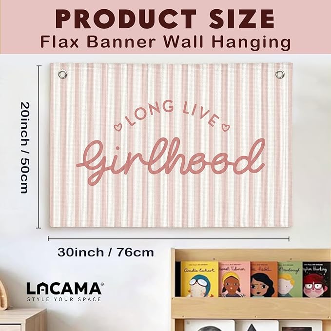 Lacama Long Live Girlhood Banner, Pink Linen Banners Wall Hanging Banner Flag Decor for Toddler Girls Room Nursery, Wall Hanging Flag 30x20 In