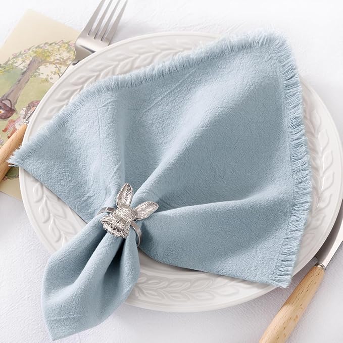 12 Pack Gray- Blue Cotton Linen Napkins with Fringe Spring Cloth Napkins Set of 12 Boho Handmade Dinner Napkins Bulk for Wedding Bridal Baby Shower Valentine's Day, 17 x 17 Inches