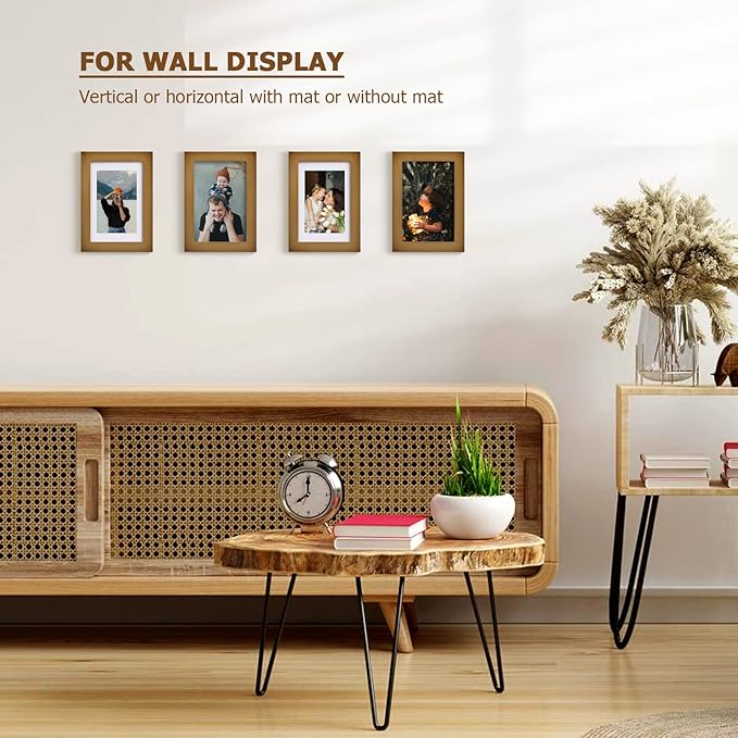KINLINK 4x6 Frame Brown, Solid Wood 4 x 6 Picture Frame with Acrylic Plexiglass for 3.5x5 with Mat, Tabletop and Wall Display Photo Frames 4x6 Brown, 4 Pack