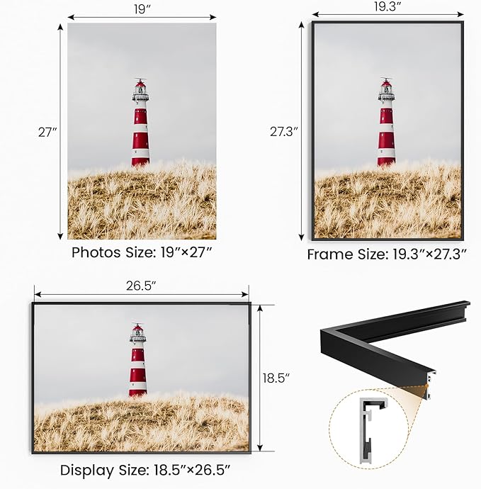19x27 Aluminum Metal Picture Frame,Tempered Glass Black Large 19 x 27 Poster Frame for Puzzles Photos or Artwork to Wall Mount Horizontal or Vertical for Decor House,Office,Hotel