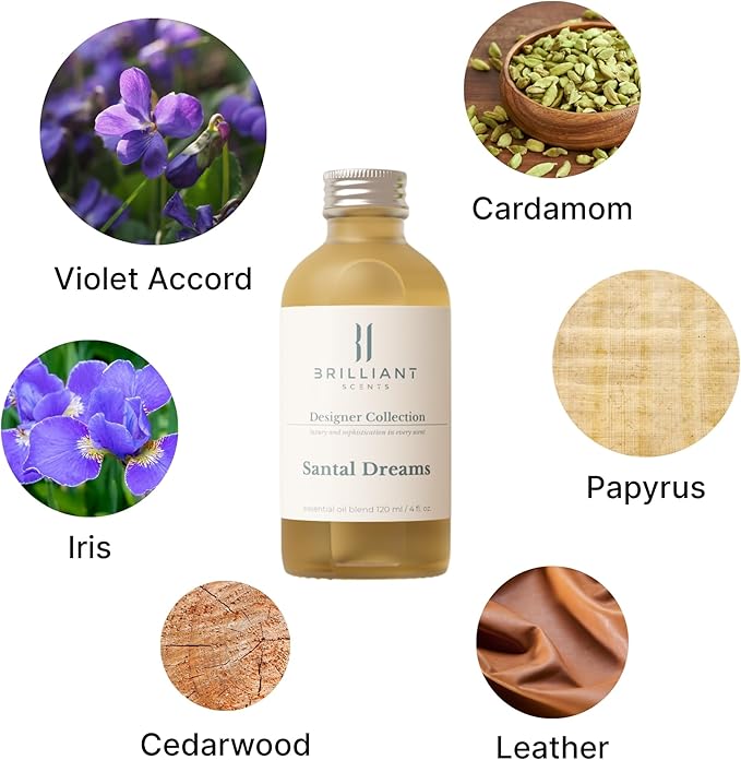 Brilliant Scents Santal Dreams Fragrance Oil 120ml - Premium Diffuser Oil for Home, Office, Hotels - Long Lasting, Plant-Based, Meets IFRA Standards, USA-Made - Violet, Iris, Sandalwood