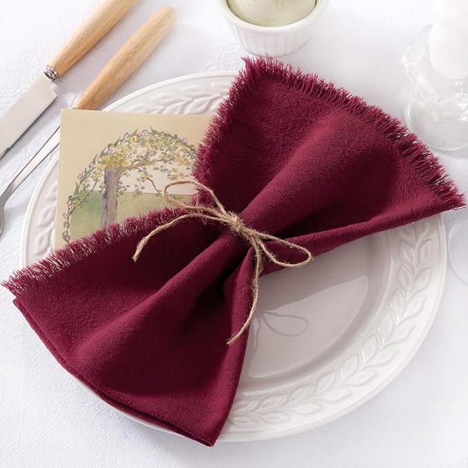 6 Pack Burgundy Red Cotton Linen Napkins with Fringe Christmas Red Cloth Napkins Set of 6 Boho Handmade Dinner Napkins Bulk for Wedding Bridal Baby Shower Valentine's Day, 17 x 17 Inches