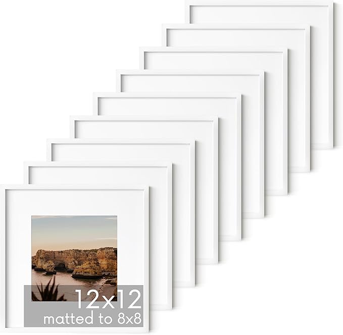 HAUS AND HUES 12x12 White Aluminum Frame Set of 9 - Matted to 8x8, Hanging Hardware, Shatterproof Plexiglass (12x12 in, White)
