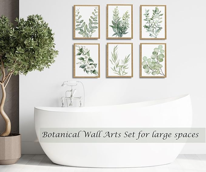 Induslyfe Framed Eucalyptus Sage Green Botanical Plant Wall Art Canvas Decor Set of 6, Leaves Wall Art Prints Posters Art, Eucalyptus decor Flower wall art for bathroom bedroom living room decor 9x12
