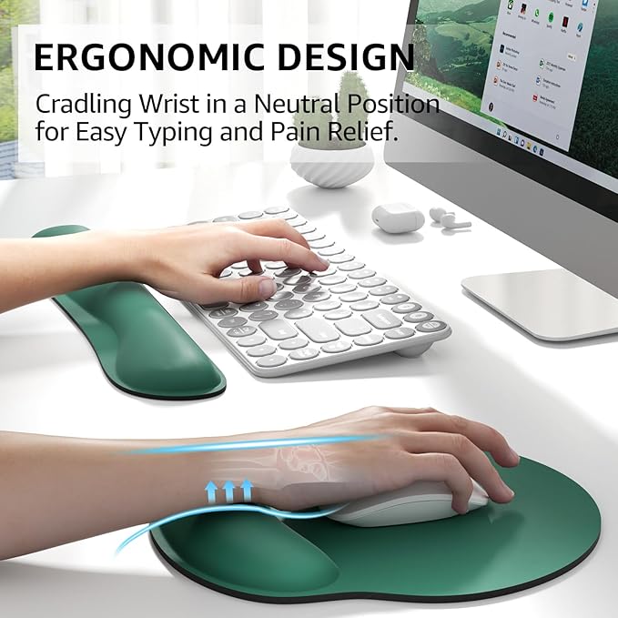 KTRIO Ergonomic Keyboard Wrist Rest, Memory Foam Mouse Pad with Wrist Rest for Computer Keyboard, Mouse Pad Set for Easy Typing & Pain Relief for Office & Home, Forest Green