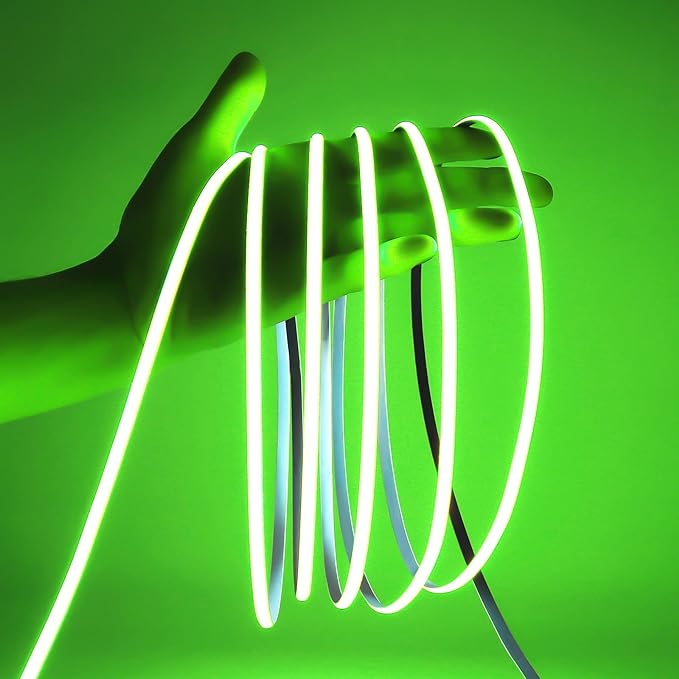 24V COB LED Strip Green Color 5mm LED Light Bar Tape, High Bright Dotless Dimmable Flexible LED Ribbon, IP30 5m 16.4FT for Party House Indoor Christmas Decor (Without Power Supply)