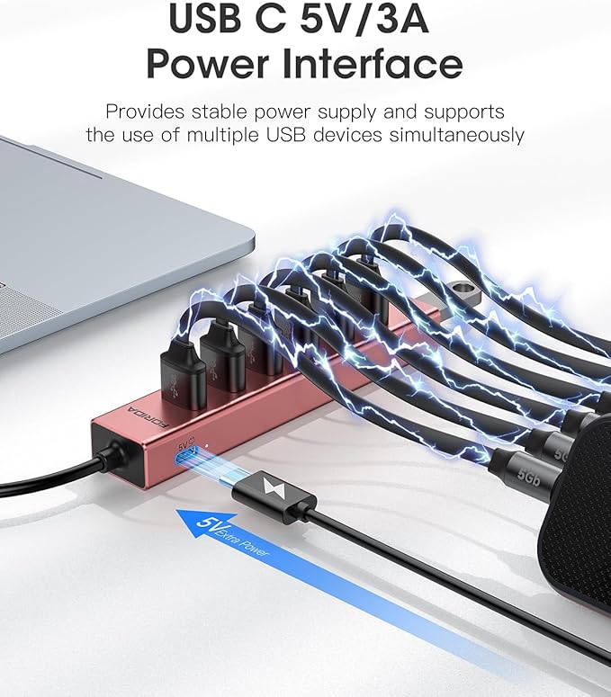 FORIDA USB Hub Long Cable 8 Ports Multiport Adapter with 7-Port USB 3.0 Data Ports, 5V/3A Type-C Power Port Splitter, USB Extender for Laptop PC and More (Rose Gold, USB A-47in)