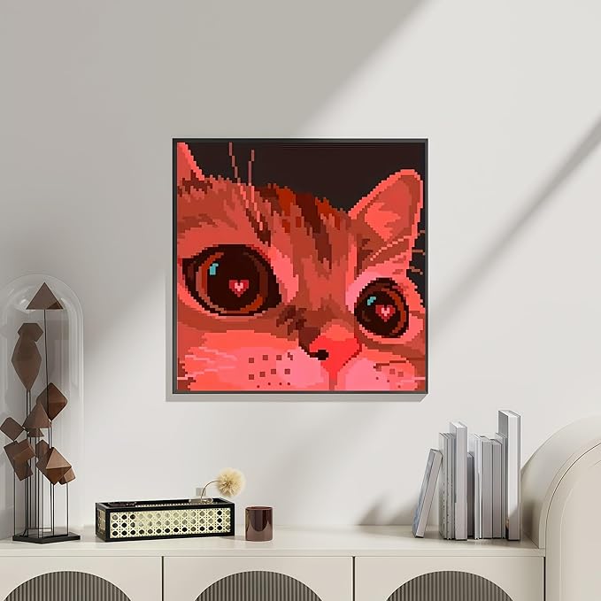 Red Cute Cat 5D DIY Diamond Painting Kits for Adults, Diamond Art Kits for Beginners, Full Drill Dot Painting Gem Art Kits for Home Wall Decor13.78 x13.78 Inch