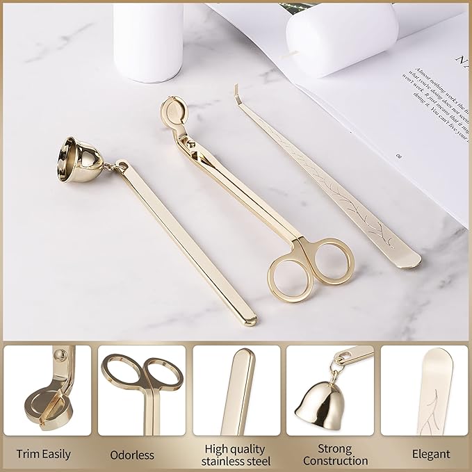 3-in-1 Candle Accessory Set - Wick Trimmer, Dipper, Cutter & Snuffer with Gift Package (Gold)