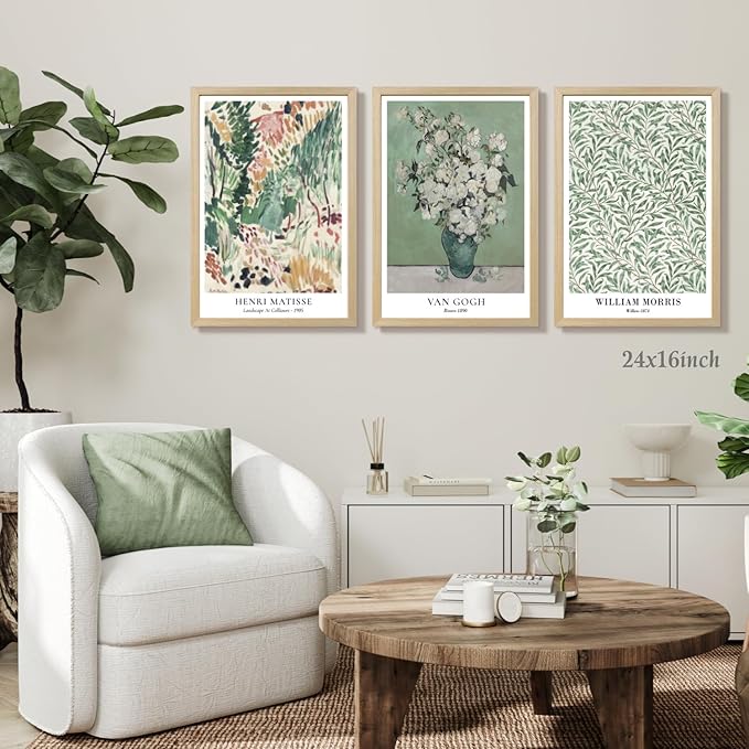 LLEEMPI Matisse William Morris Wall Art Set of 3, Sage Green Botanical Wall Decor, Abstract Van Gogh Flowers Canvas Prints, Vintage Florals Poster Print for Bedroom Bathroom Wood Framed 16x24 Inch