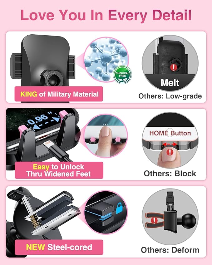 VANMASS 【85+LBS Strongest Suction & Military-Grade 2025 Ultimate Car Phone Mount【Patent & Safety Certs】 Cell Phone Holder Truck for Dashboard Windshield Vent for iPhone 17 Pro Max 16 15 Samsung, Pink