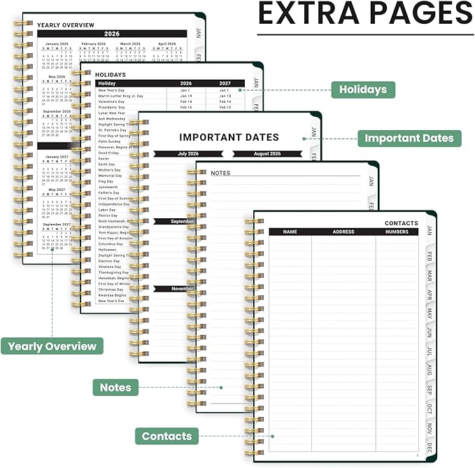2026 Planner, Monthly and Weekly Calendar Planner for Women, Jan 2026 - Dec 2026, Hardcover Pretty 2026 Agenda Planner Book with Tabs, Spiral Bound, Perfect for School Office Home Supplies, 6.3" x 8.5" - Verdant Bloom