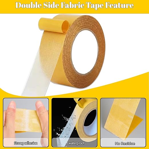 Double Sided Fabric Tape Heavy Duty Mounting Tape 1"/2“ x 50FT Resistente Clear Super Stick Tape with Fiberglass Mesh High Tack Strong Adhesive for Clothes Carpet Arts